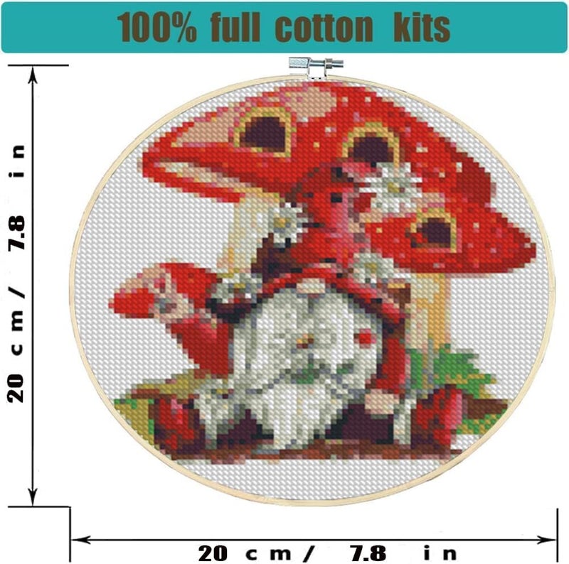 Tiwabb Stamped Cross Stitch Kits for Adults with Frame - Gnome Mushroom Embroidery Kits for Beginners Adults,11 CT Patterns Dimensions Counted Cross Stitch Kits Arts Craft Kits 8 x 8 inch - Image 4